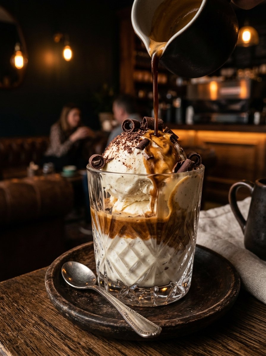 Postre affogato con helado de vainilla y espresso humeante