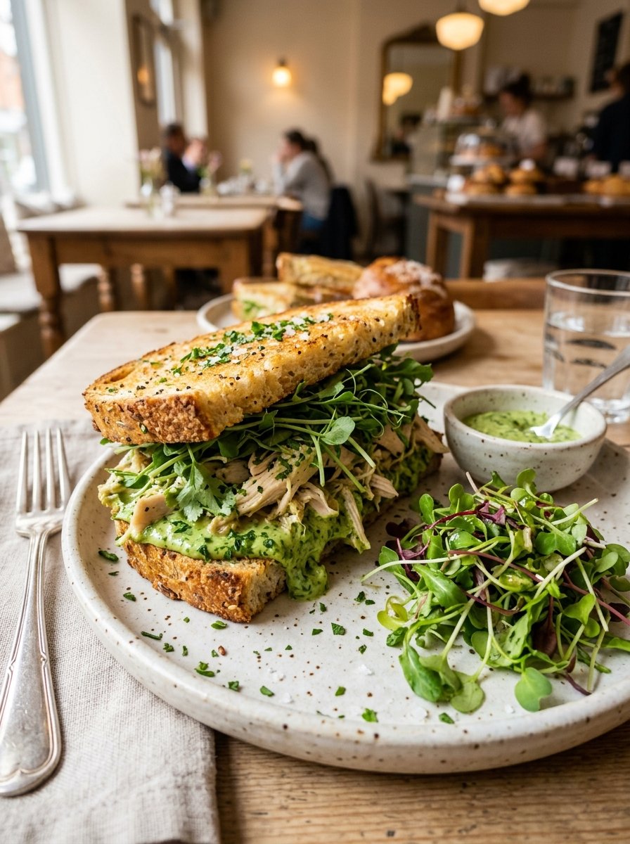 Sandwich de pollo jugoso en emulsión cremosa de cilantro fresco